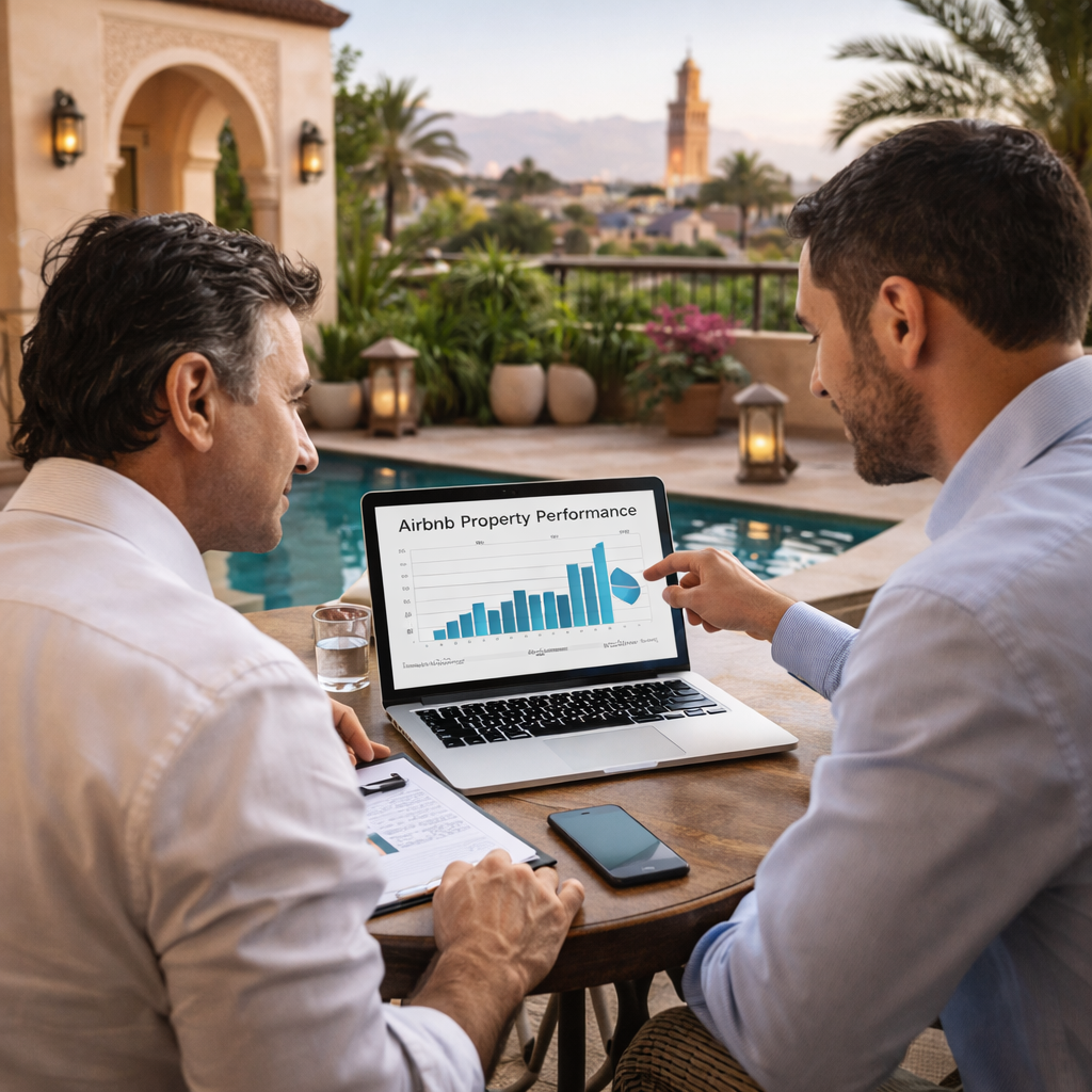 Conseiller en gestion Airbnb à Marrakech présentant une stratégie de location courte durée à des propriétaires.