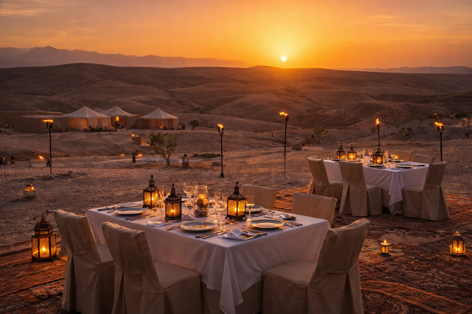 diner desert agafay marrakech coucher soleil