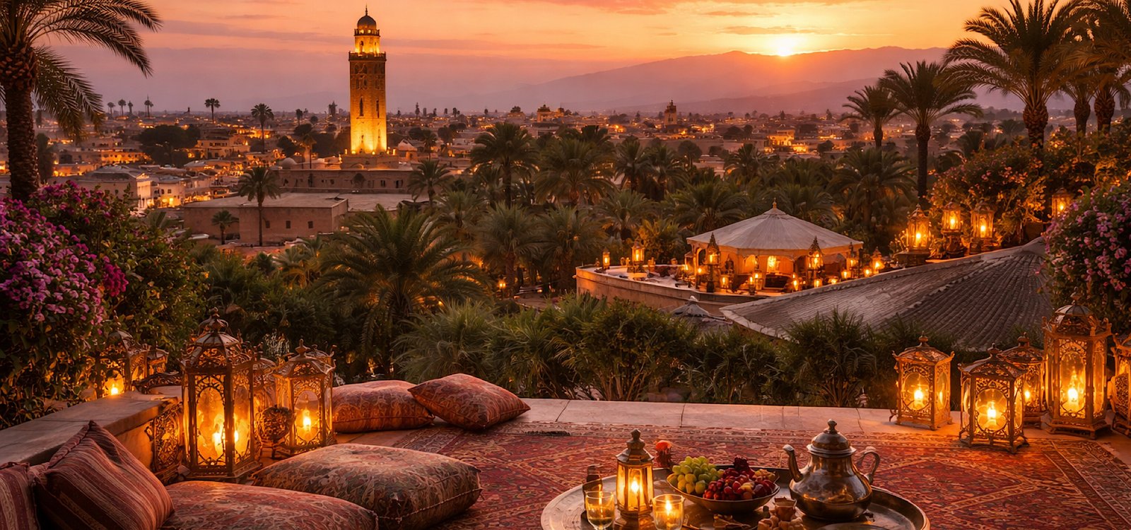 Vue de Marrakech au coucher du soleil pour conciergerie et excursions privées
