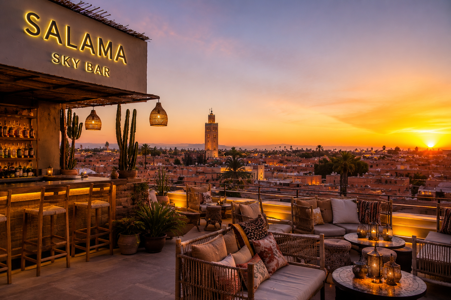  Terrasse du Salama Sky Bar à Marrakech avec vue panoramique sur la médina, la mosquée Koutoubia et le coucher du soleil.