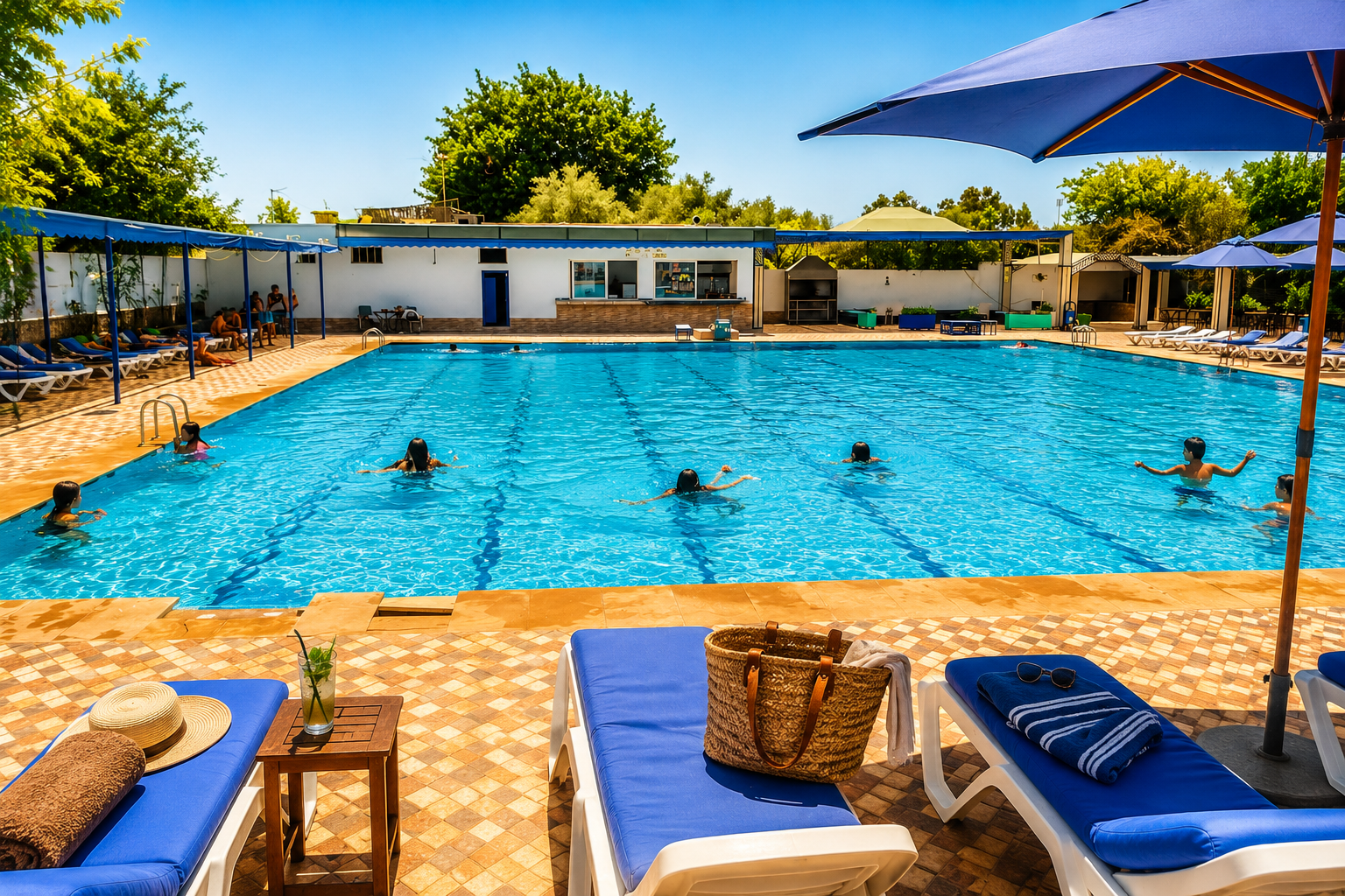 Grande piscine extérieure à Marrakech, idéale pour se rafraîchir pendant les fortes chaleurs de l'été au Maroc.