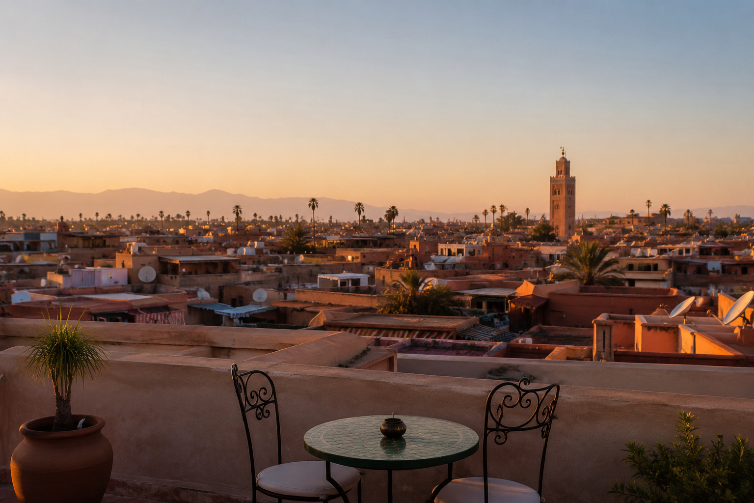 Vue panoramique sur les toits de Marrakech depuis un rooftop avec les montagnes de l'Atlas en arrière-plan.