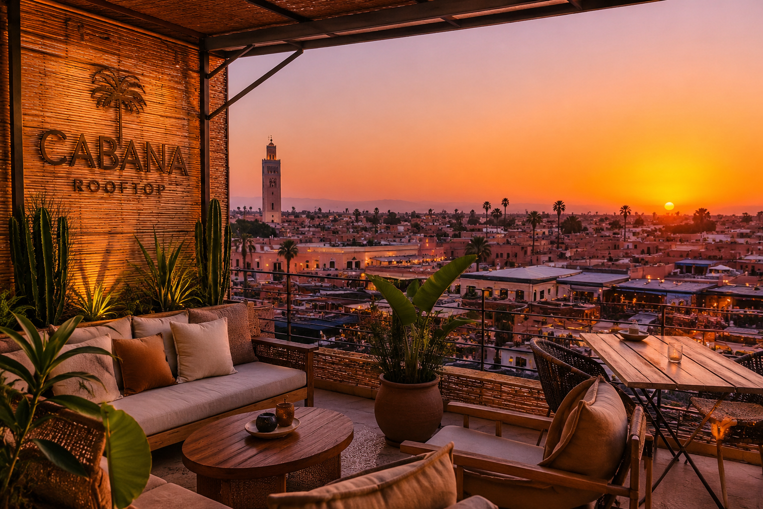  Terrasse du Cabana Rooftop à Marrakech avec vue panoramique sur la médina et coucher de soleil sur les montagnes de l’Atlas.