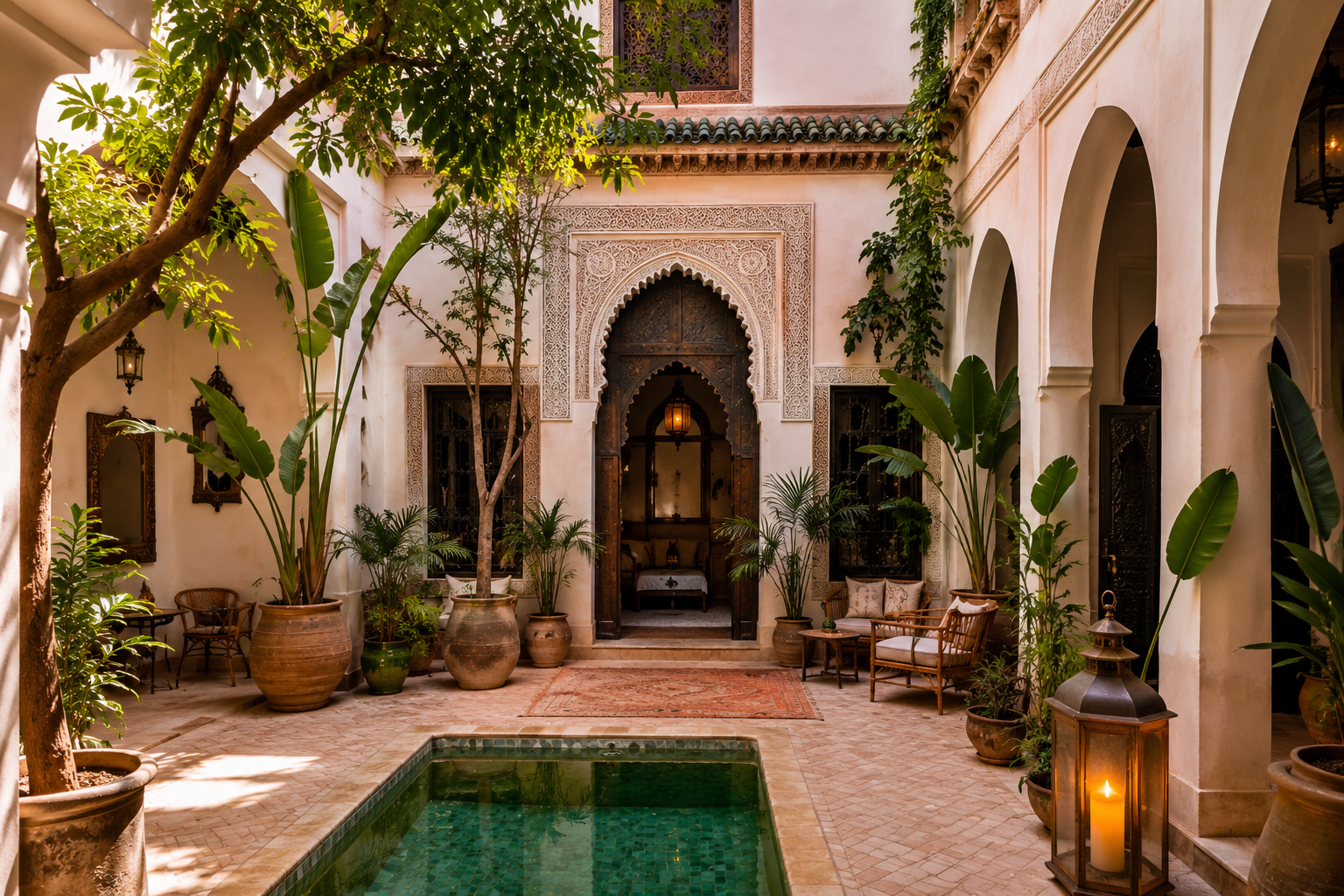 Patio traditionnel d'un riad à Marrakech avec bassin central, végétation luxuriante et architecture marocaine.