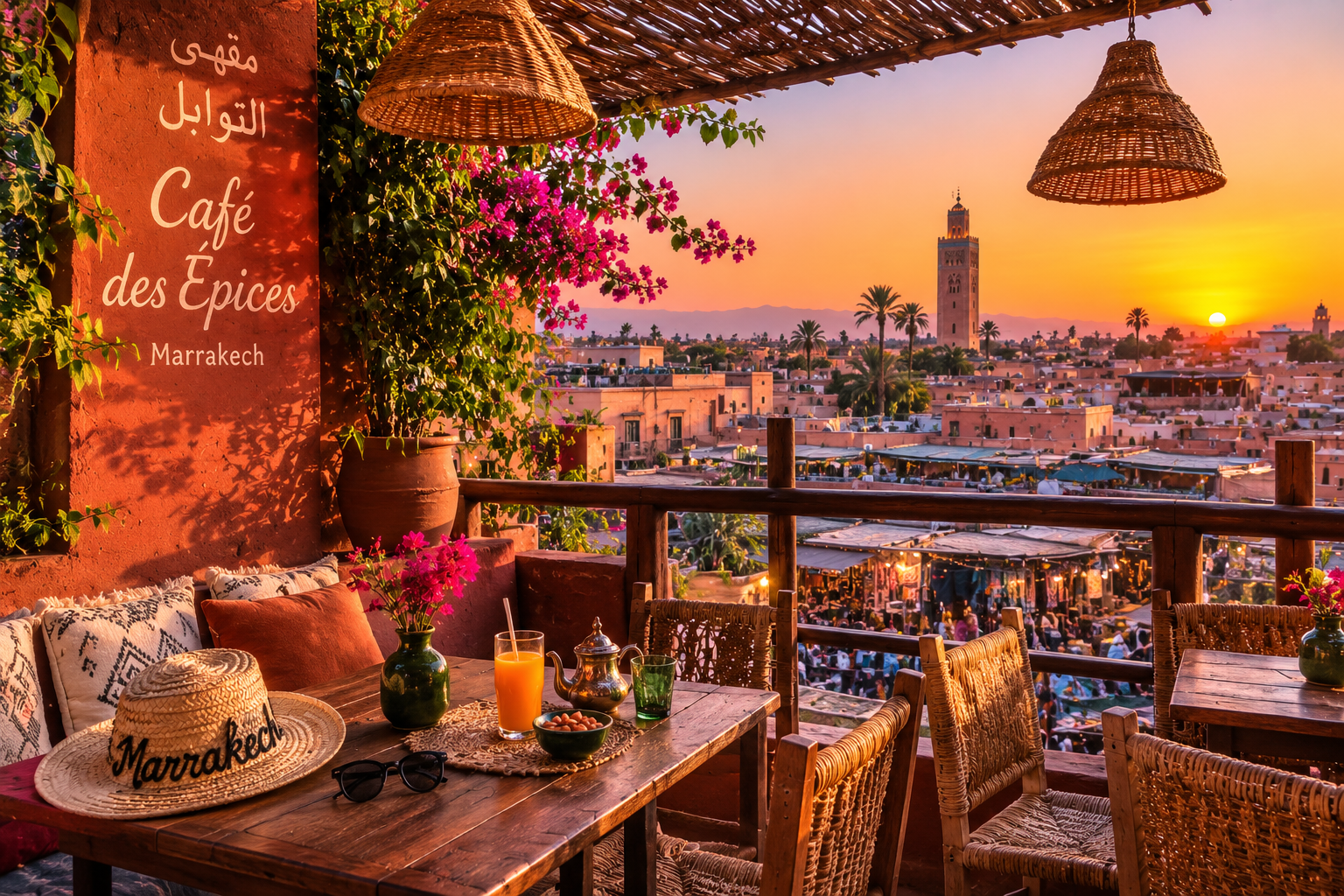  Terrasse du Café des Épices à Marrakech offrant une vue panoramique sur la médina et la place des Épices au coucher du soleil.