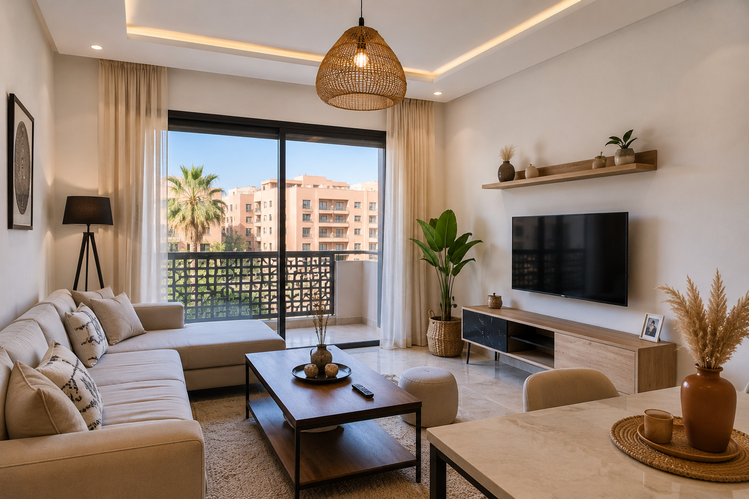 Salon lumineux d'un appartement moderne à Guéliz, Marrakech, avec balcon et vue sur un quartier résidentiel.