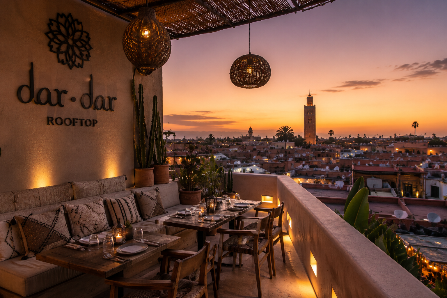  Terrasse du DarDar Rooftop à Marrakech avec vue panoramique sur la médina et la mosquée Koutoubia au coucher du soleil.