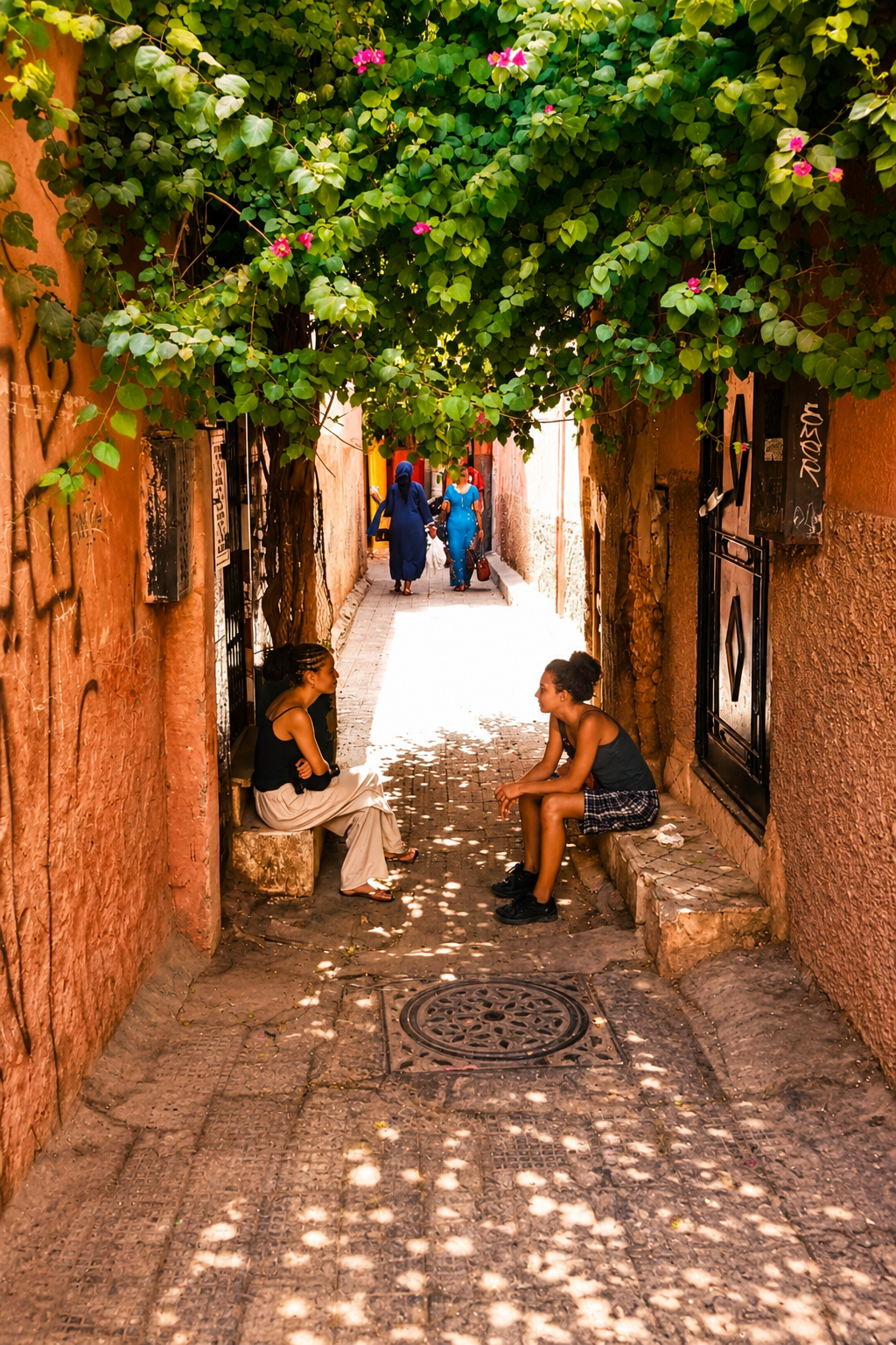 Ruelle ombragée de la médina de Marrakech avec une végétation abondante, idéale pour se promener au frais pendant les fortes chaleurs.