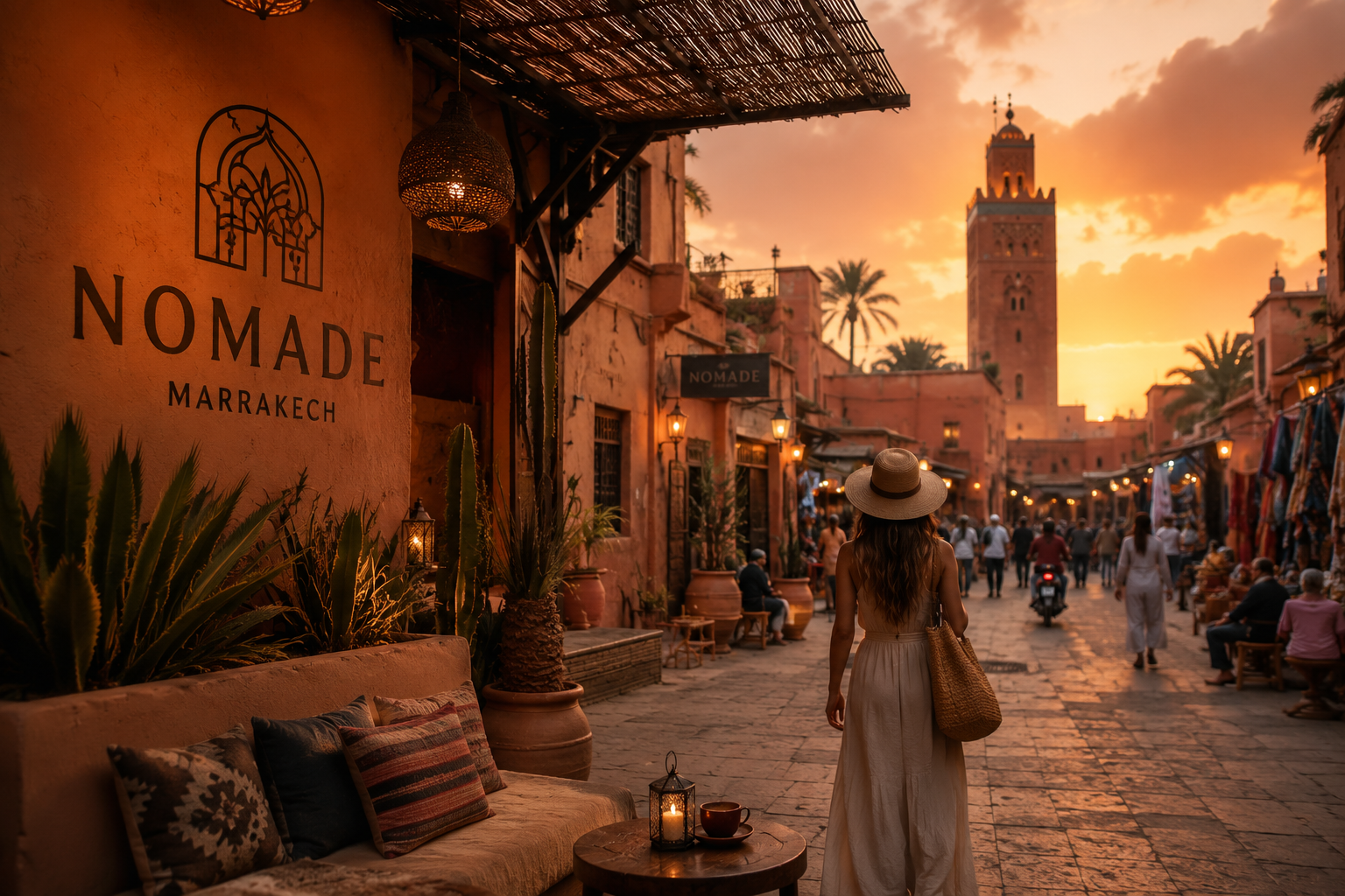 Terrasse du Nomad Marrakech avec vue sur la médina et ambiance chaleureuse au coucher du soleil.
