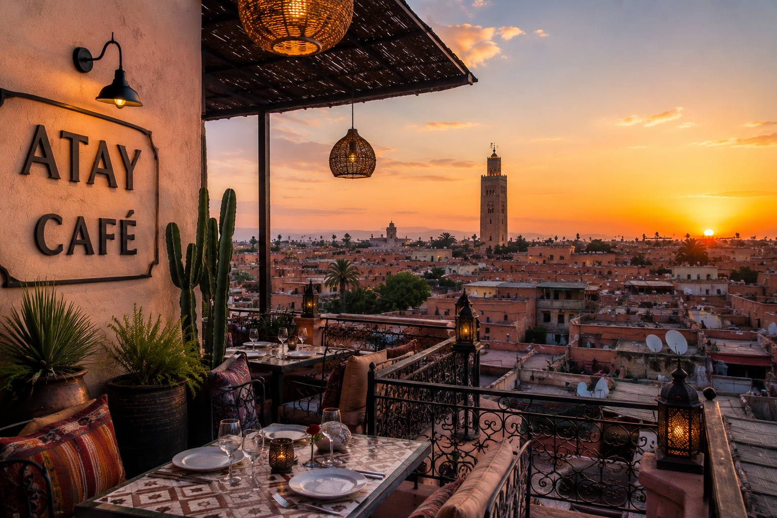 Terrasse du Atay Café à Marrakech avec vue panoramique sur les toits de la médina et la mosquée Koutoubia.