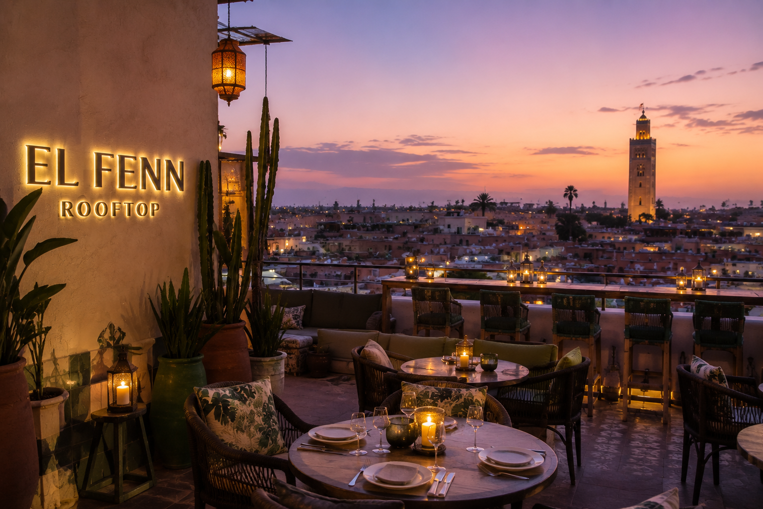  Terrasse du El Fenn Rooftop à Marrakech avec vue panoramique sur la médina et la mosquée Koutoubia au coucher du soleil.