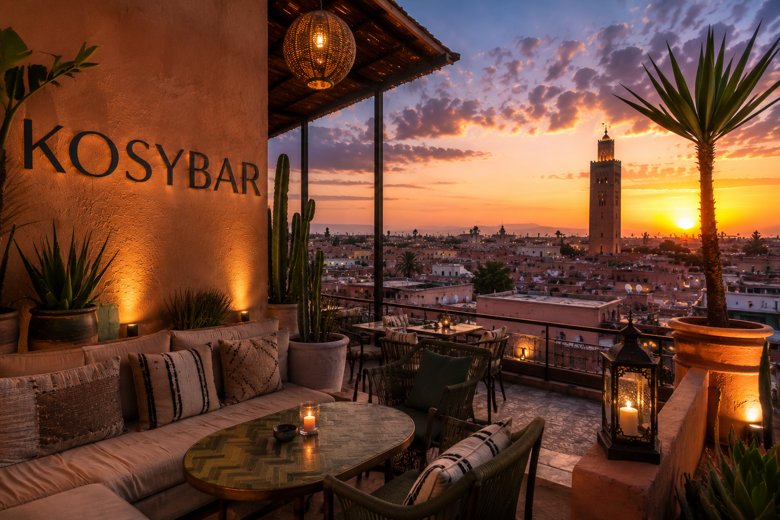  Terrasse du Kosybar à Marrakech offrant une vue panoramique sur la médina et la mosquée Koutoubia au coucher du soleil.